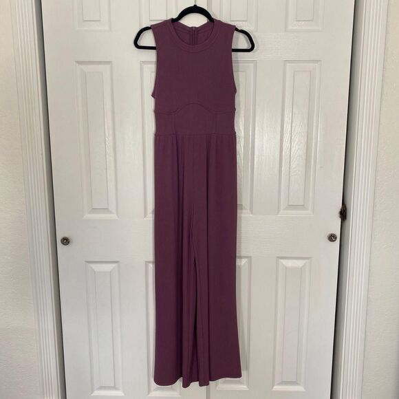 Cider Soft Purple Ribbed Solid Sleeveless Wide Leg Flare Elegant Jumpsuit M - Picture 4 of 7